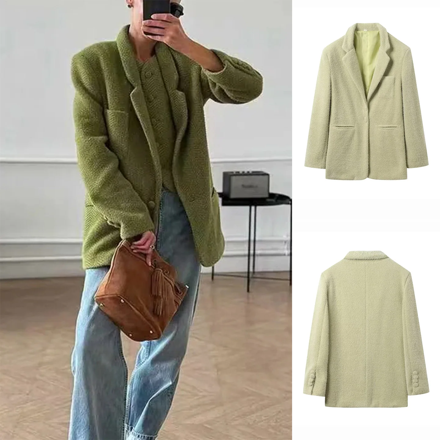 Casual Fluwelen Oppervlak Lange Sve Damespak Jaet Herfst Winter Loose Fit One Button Notch Revers Commuter Sle Bovenkleding