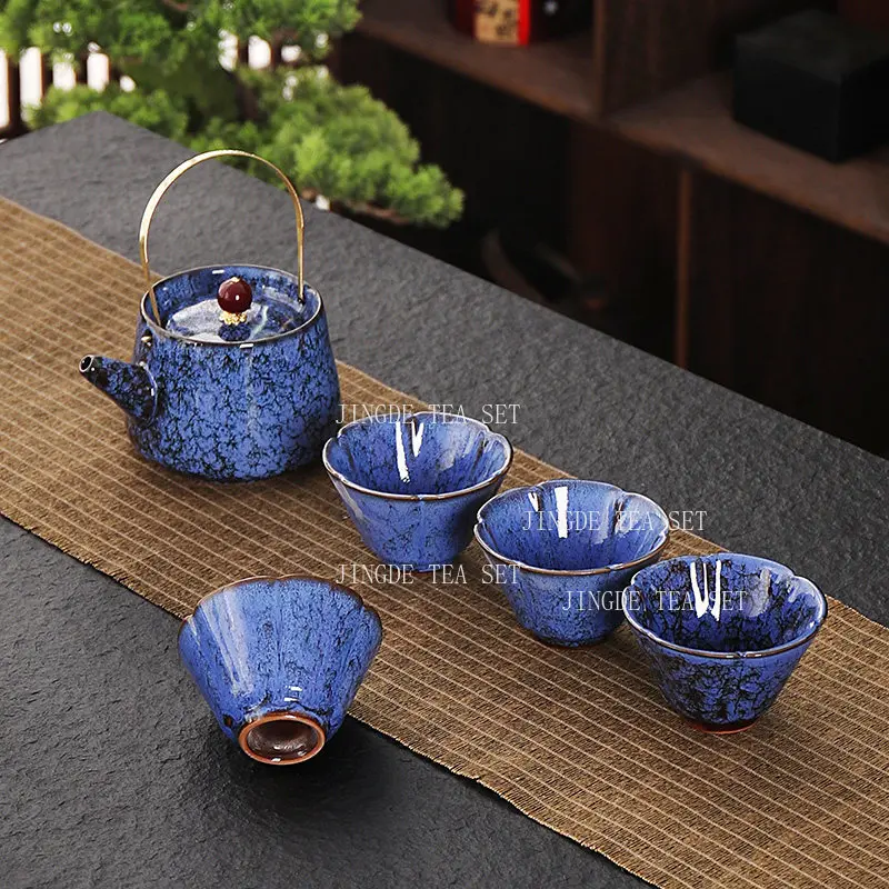 Starry Blue Crystal Glaze Tea Set with Golden Handle Teapot and 4 Cups Kiln Changed Ceramic Kung Fu Teaware Sets for Gift