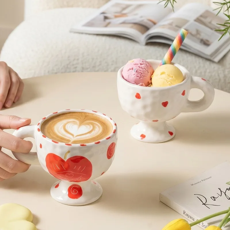 Ins Style Underglaze Color Creative Hand Drawn Apple/heart Irregular Grip with Handle Ceramic High Footed Mug Niche Gift