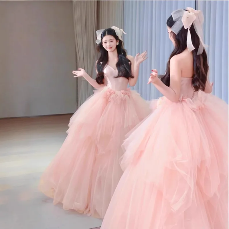 Evening Gown, Rose Fluffy Skirt, Princess, Bride, Wedding Toast, Morning Gown, Art Exam, Coming of Age Ceremony, Strapless Dress