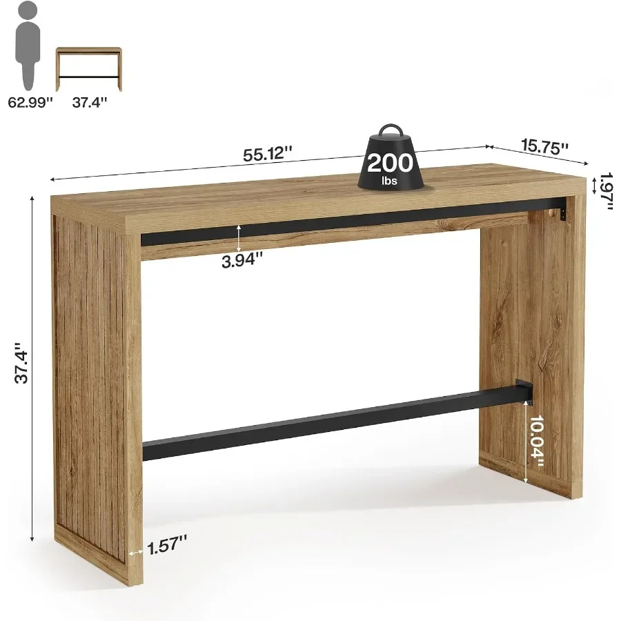 55-Inch Bar Table with Metal Footrest, Counter Height Pub Table, Narrow High Top Dining Table for Kitchen, Dining Room and Home