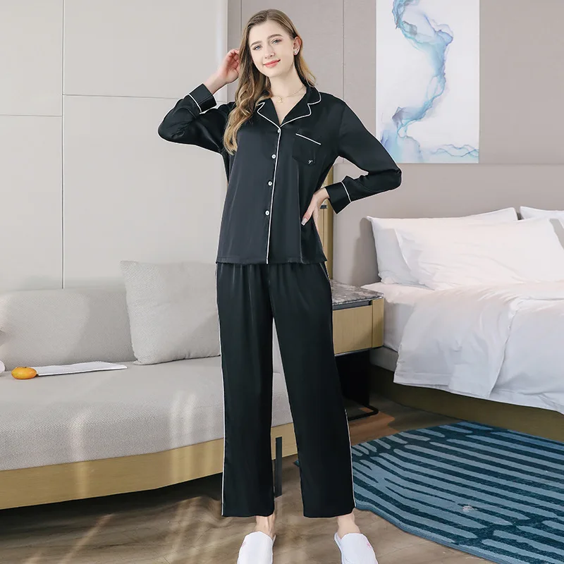 Secret the same classic black pink pajamas for women, long sleeves, trousers, silk suit, loungewear