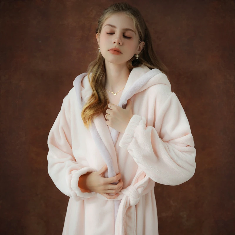 Sweet Hooded Flannel Robe Sleepwear Coral Fleece Female Long Sleeved Bathrobe Winter Warm Thick Nightgown Home Dressing Gown