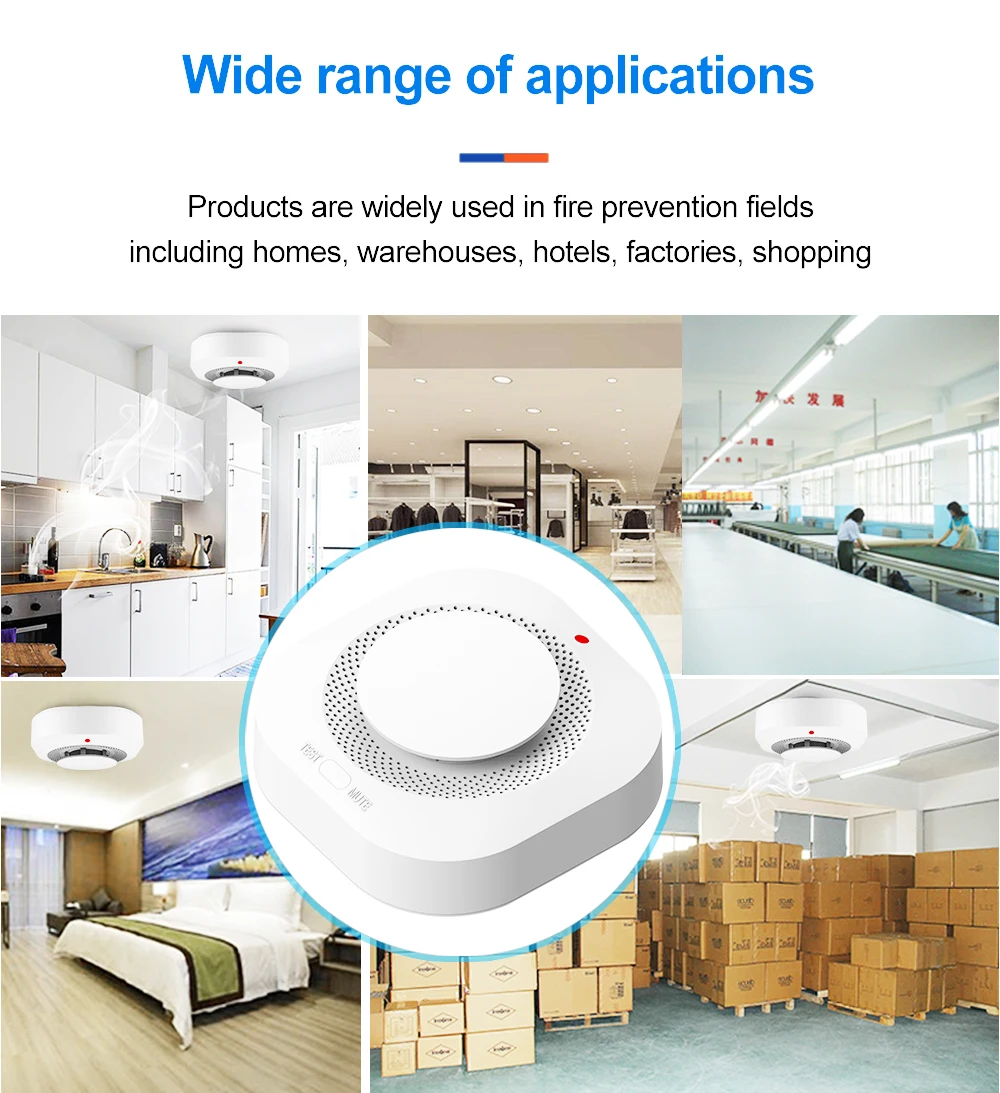 Tuya-Sensor Detector de humo Wifi, alarma de incendio, Monitor de Sensor de humo, alerta de sonido, trabajo de seguridad inteligente para el hogar con aplicación Smart Life