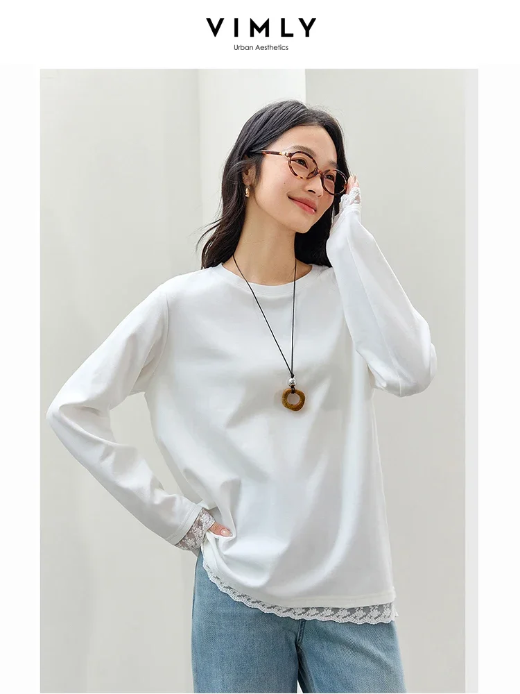 VIMLY Women's Casual Loose Basic White Pullover 2025 Spring Long Sleeve O-Neck Hem with Lace Splicing T-Shirt Office Lady Tops