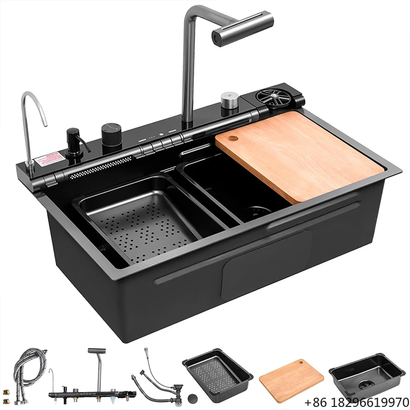 

2026 Popular Large Single Slot 304 Stainless Steel Kitchen Sink LED Digital Display Anti-Scratch Waterfall