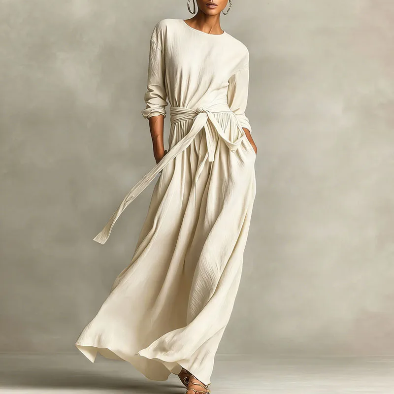 เดรสยาวลำลองสไตล์โบฮีเมียน แขนยาว คอทรงโอ มีกระเป๋า เอวสูง ผูกโบว์  สำหรับผู้หญิง  ใส่ได้ทั้งฤดูใบไม้ผลิและฤดูใบไม้ร่วง  ดีไซน์เรียบหรู