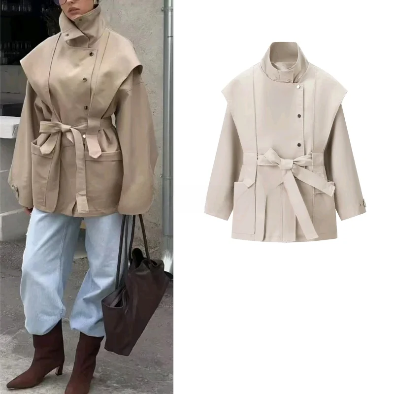 

Новое зимнее женское пальто с воротником-стойкой Long Sve на одной пуговице с узлом на талии и завязкой на талии Jaet Commute Sle Polyes...