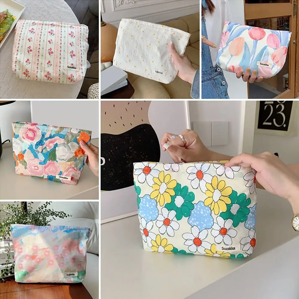 Floral Cotton Clutch Bag Makeup Bag Cosmetic Bag Toiletry Bag Wash Pouch Travel Organizer Coin Purse Sanitary Napkins Pocket