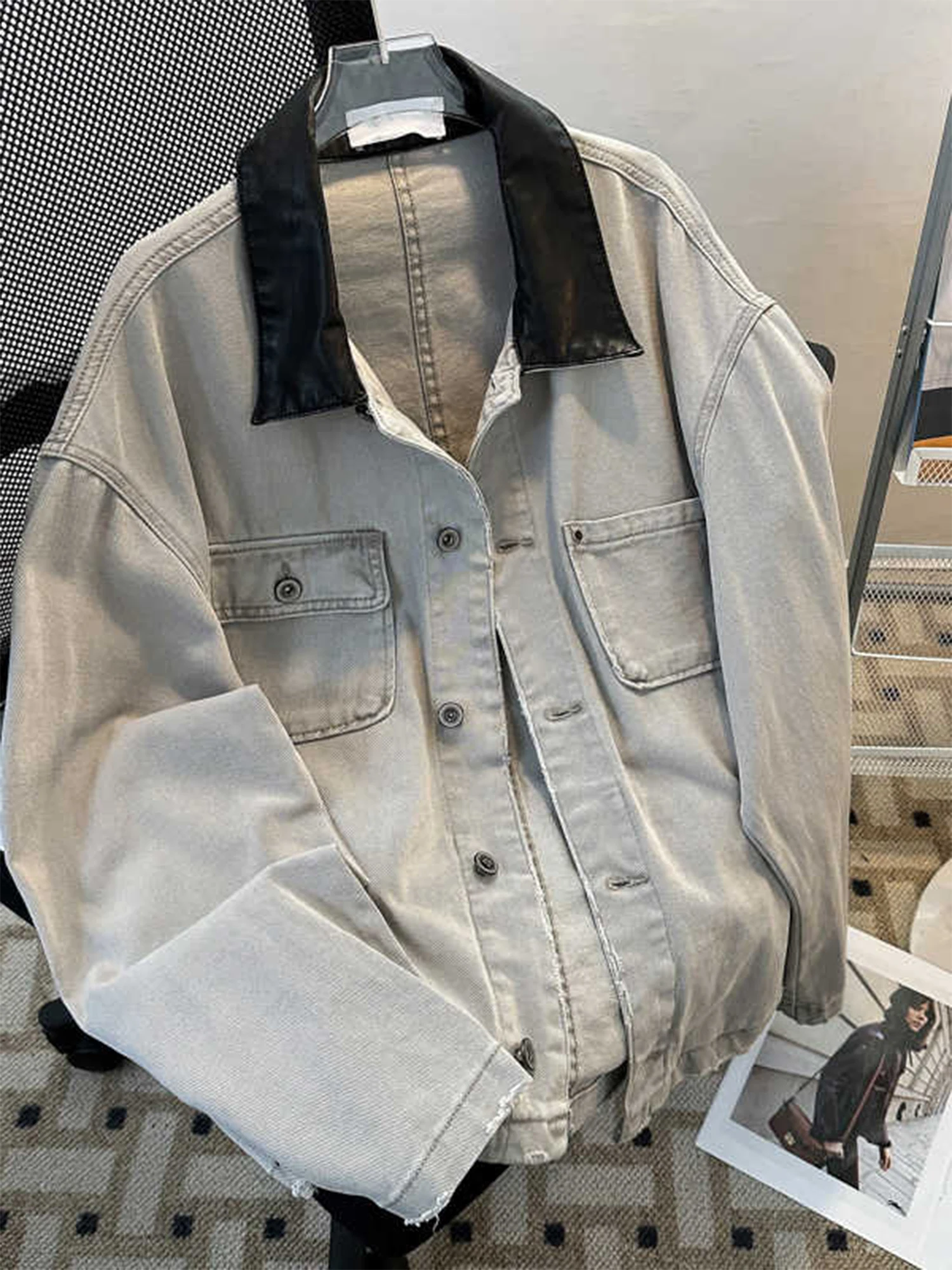 Women's Blue Denim Jacket Vintage Harajuku Long Sleeve Oversize Jean Jacket Outerwear Y2k Leather Patchwork Denim Coat Autumn