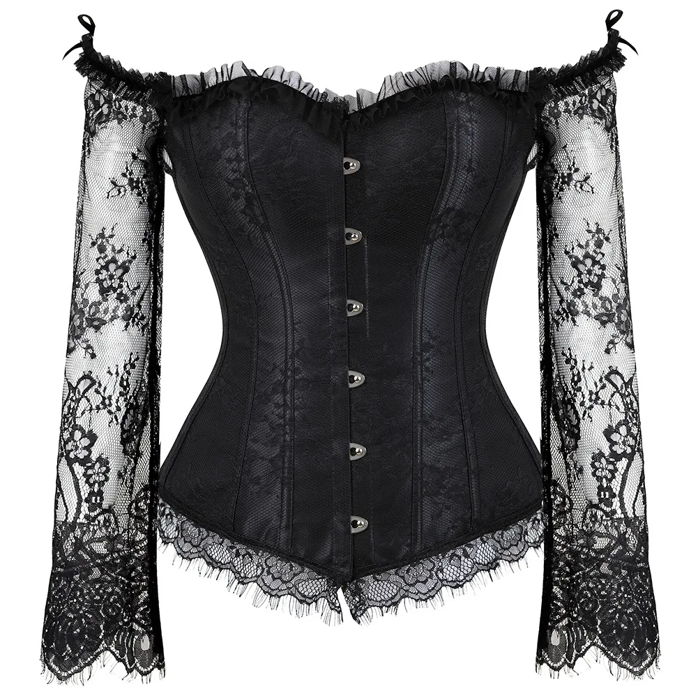 Sexy Gothic Victorian Vintage Lace Up Bustier Corset Retro Palace Renaissance Burlesque Overbust Top With Long Sleeves