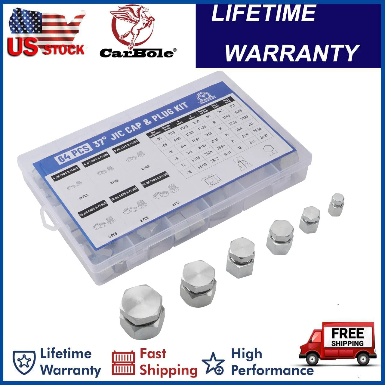 

64 шт. JIC 37 ° Ассортимент колпачков и заглушек с раструбной резьбой, набор фитингов 37-градусов AN