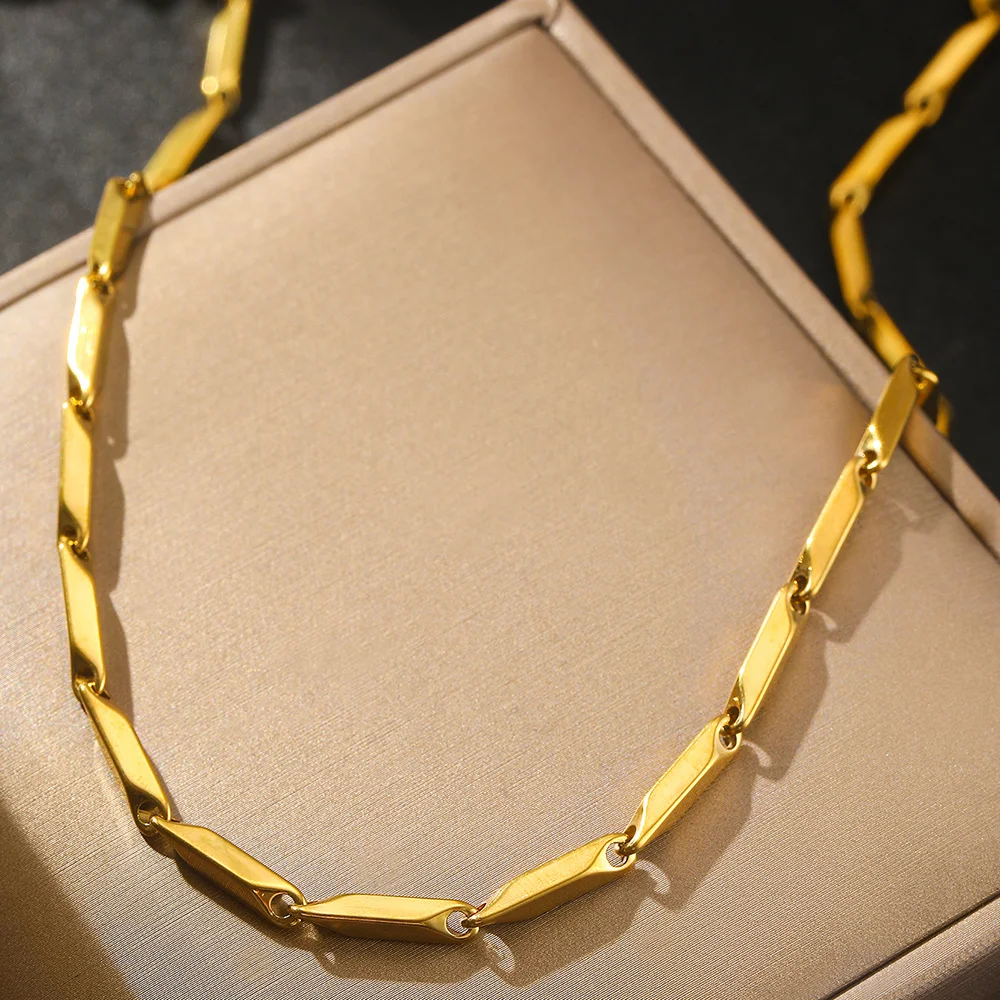 Gold Plated Stainless Steel Faceted Bar Link Chain Necklace Tarnish Resistant Hypoallergenic Minimalist Geometric Jewelry for Me