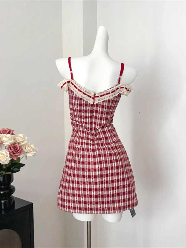 High Quality Plaid One-Piece Frocks Spring Summer Slash Neck Spaghetti Strap Dress Off Shoulder Sundress Sweet Elegant Fashion