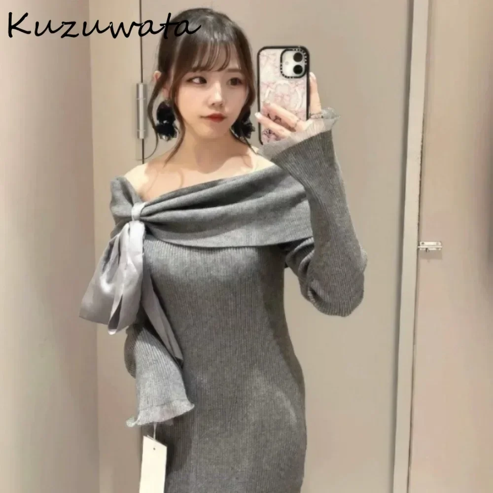 Kuzuwata Temperament Slash Neck Flare Sleeve Knit Dress Bow Slim Cotton Mermaid Robe Japan Exquisite Feminine Bodycon Vestidos