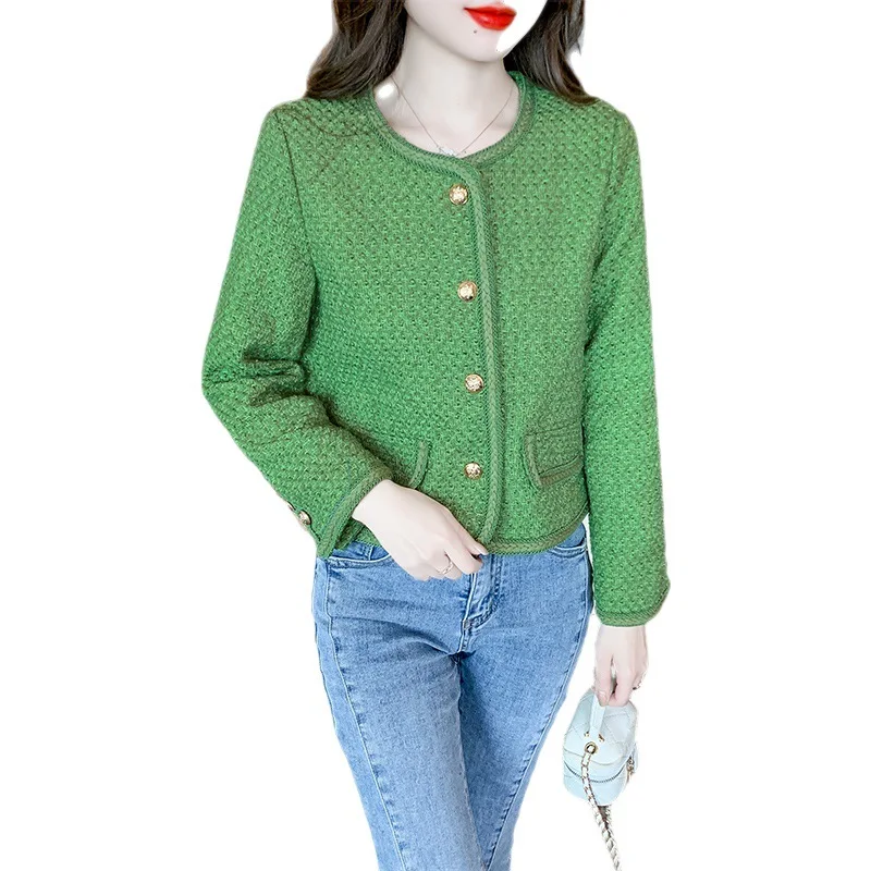 

Women's green tweed jacket, new spring and autumn season small fragrance style round neck top