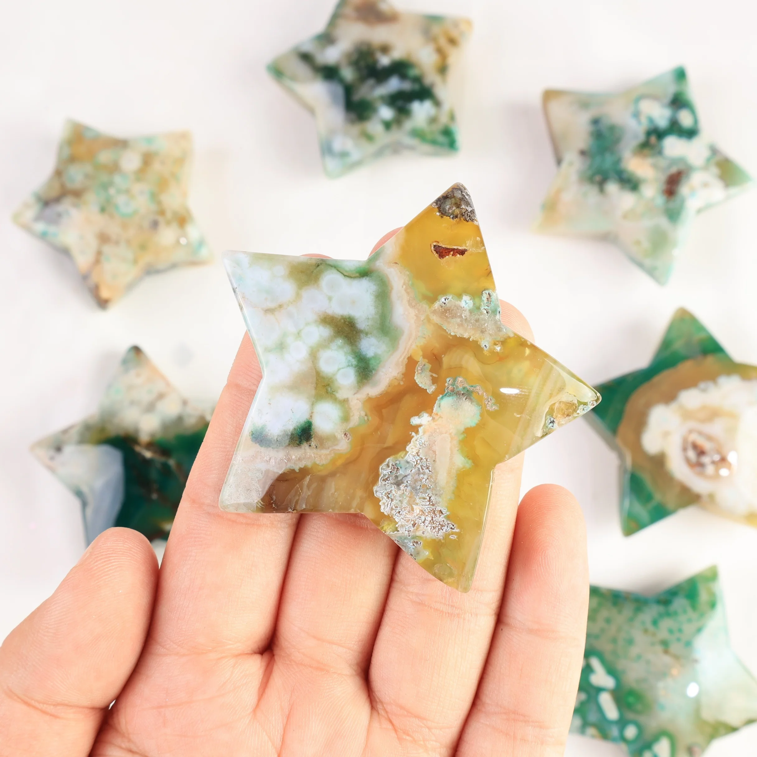 

Natural Stone Pentagram - Green Cherry Blossom Agate Crystal Quartz for Home, Garden, Aquarium Decor - Ideal Holiday Gift