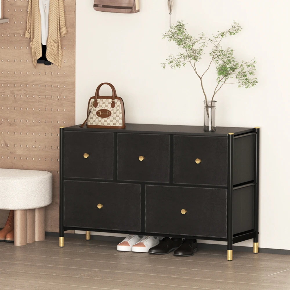 

Drawer Dresser cabinet ,all Dresser with 5 PU Leather Front Drawers, Storage Tower with Fabric Bins, Double Dresser