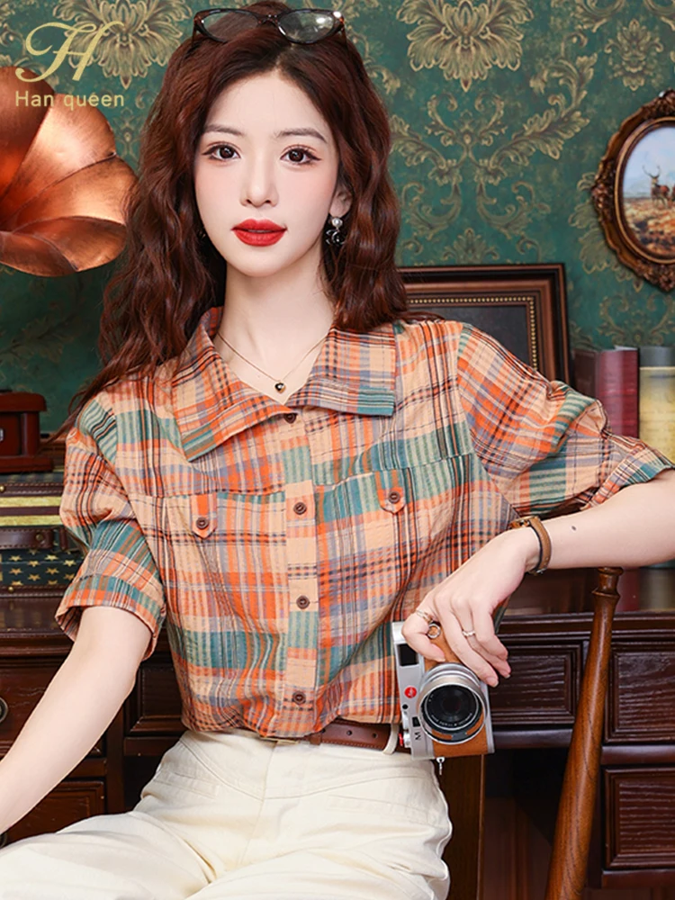 H Han Queen Summer Women Tops Vintage Office Plaid Blouse Female Shirt Casual Loose Short Sleeve Blouses Korean Popular Clothes
