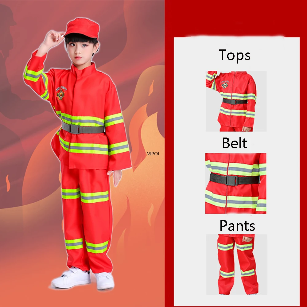 Halloween Children Firefighter Uniform Kids Cosplay Fireman Work Costume Suit Boy Girl Performance Party Costumes Birthday Gift