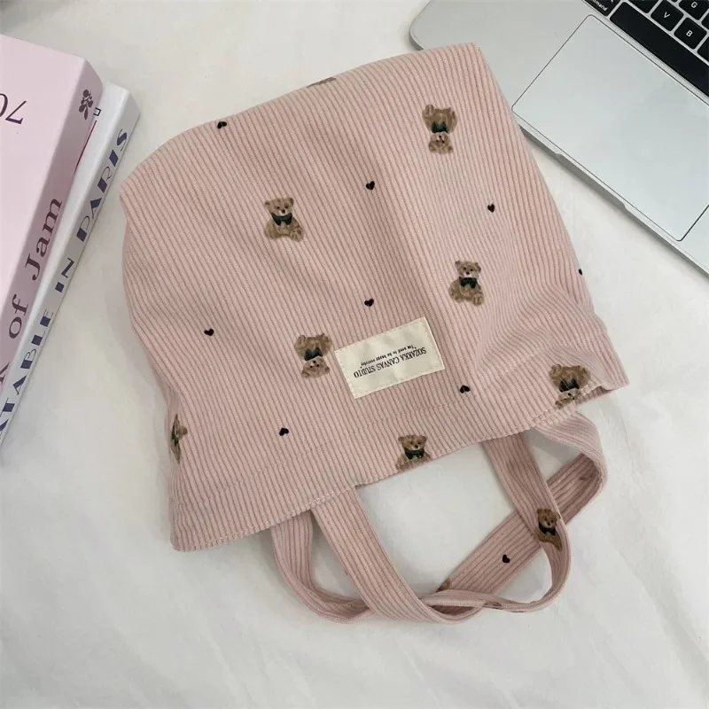 1 Piece Sweet Cartoon Lunch Bag for Girl Boy Chic Cute Animal Bear Handbags for Women Portable Large Capacity Corduroy Bag