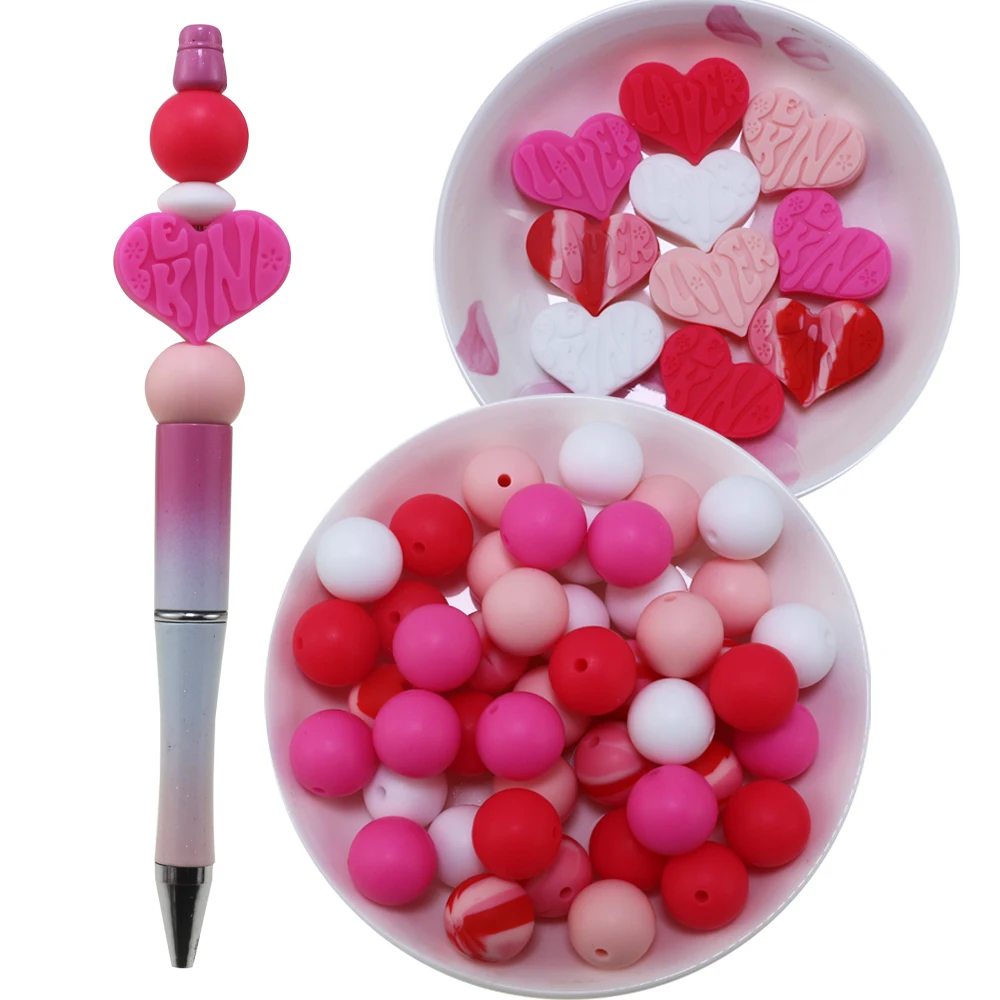 85Pcs Set Valentine’s Day Silicone Beads Heart Shape Be Kinds Round Loose Spacer Beads Jewelry Necklaces Keychain Making