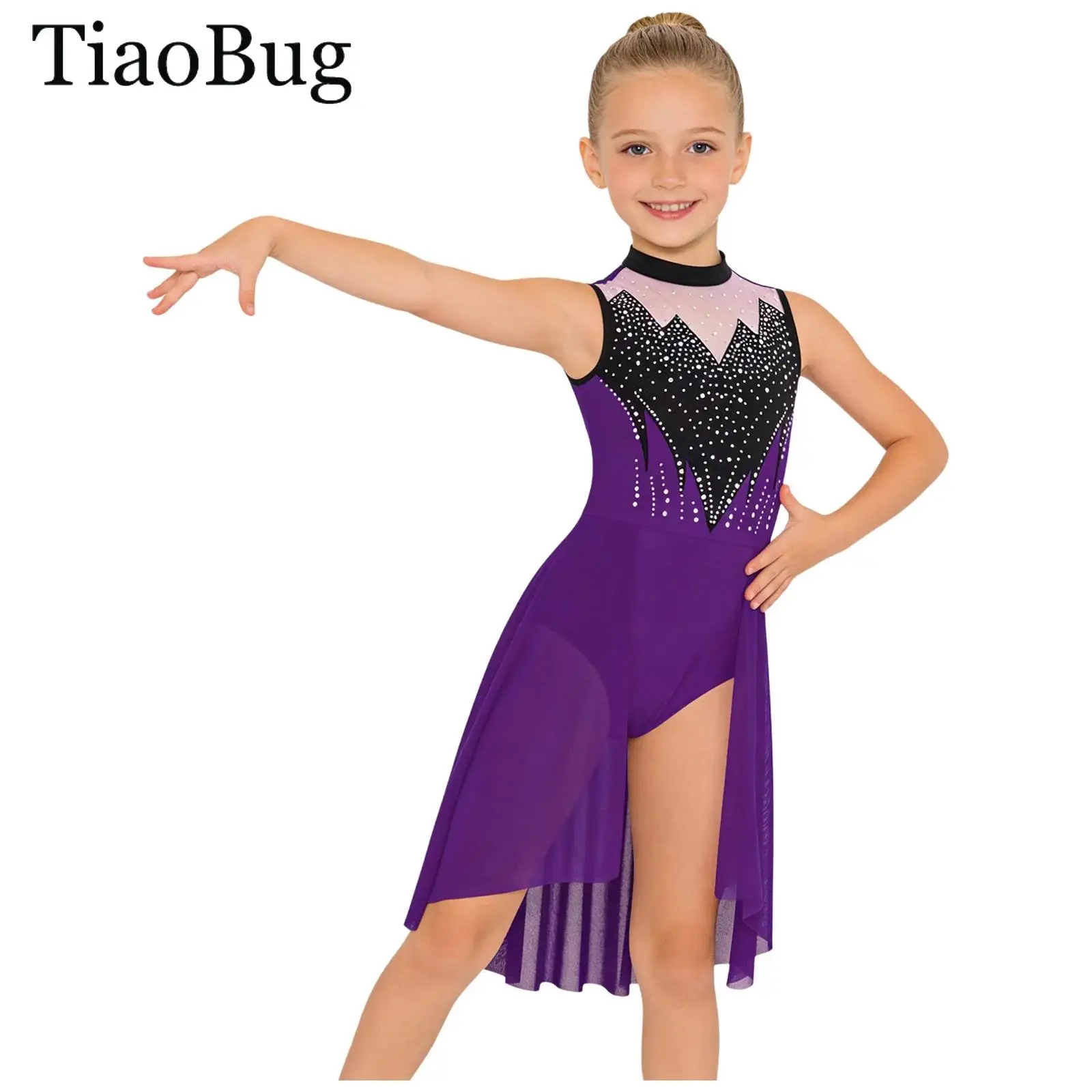 

Kids Girls Modern Lyrical Dance Dress Rhinestones Sleeveless Waist Mesh Jumpsuit Ballet Gymnastics Figure Skating Leotard Dress