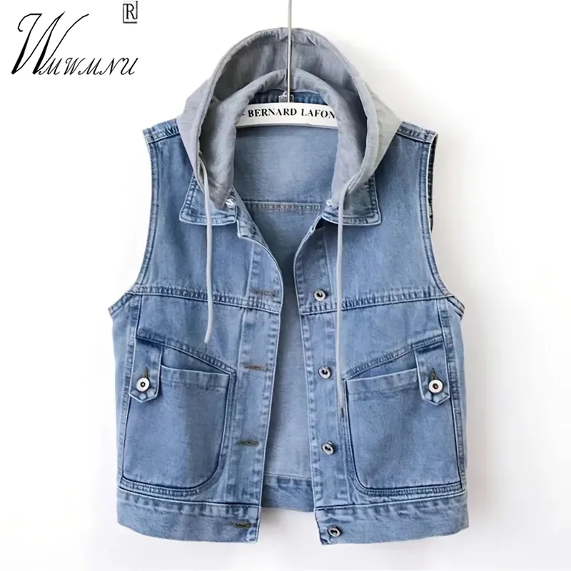 

Women Patchwork Hooded Denim Vest Casual Detachable Hat Sleeveless Jackets Lapel Short Jean Chalecos Wash Blue Cowboy Waistcoat