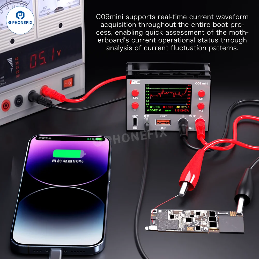 I2C C09 MINI Dual Channel Waveform Ammeter, 0-36V Voltage Charge Tester for iPhone Drones Start-up Current/IIC/Charging Analysis