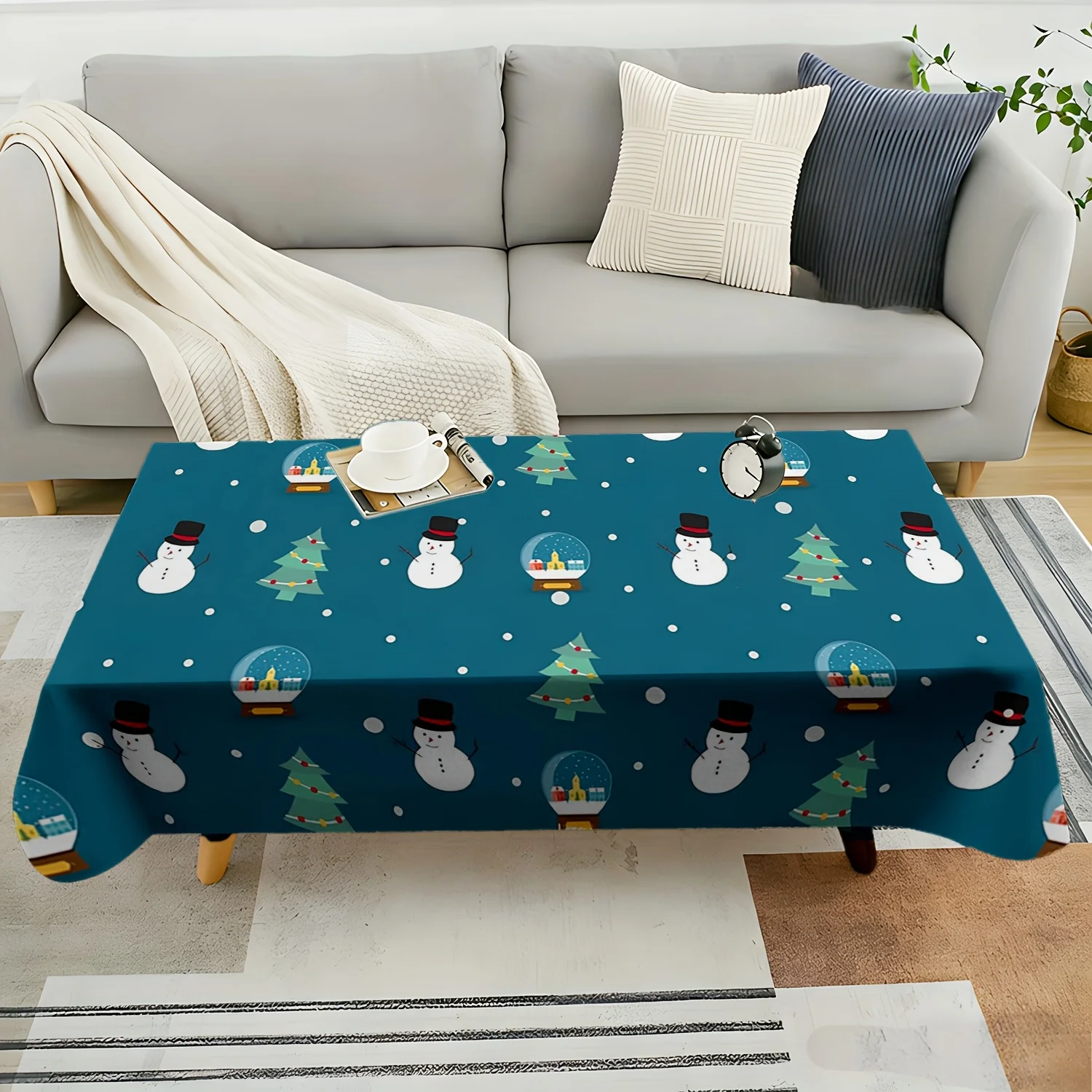 1pc 2D Flat Tablecloth, Snowman, Lights, Christmas Tree & Snow Globe Printed Rectangle Tablecloth, Decor for Dining Table