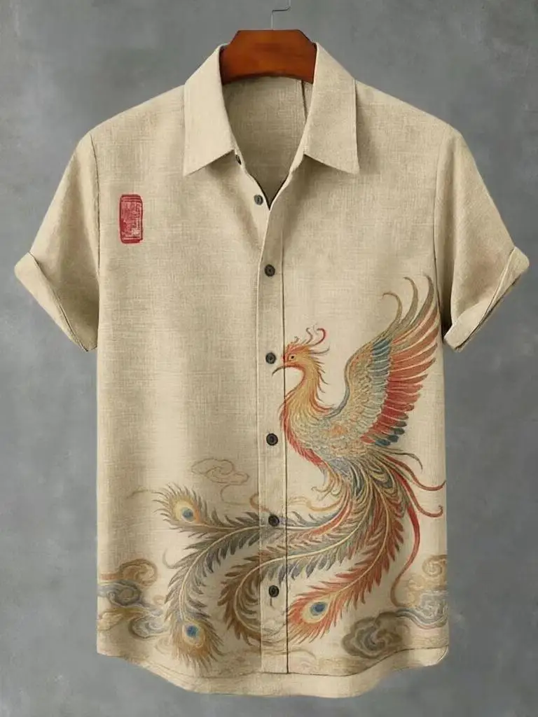 

Mythical creature, men's linen short sleeved shirt, fashionable trend, loose top, street outdoor, casual and comfortable