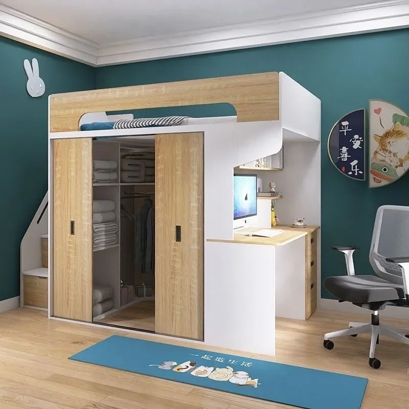 for Children Duplex Loft Bed with Desk and Wardrobe Half Height Bunk Bed Integrated Cabinet Light Luxury Style Space Saving