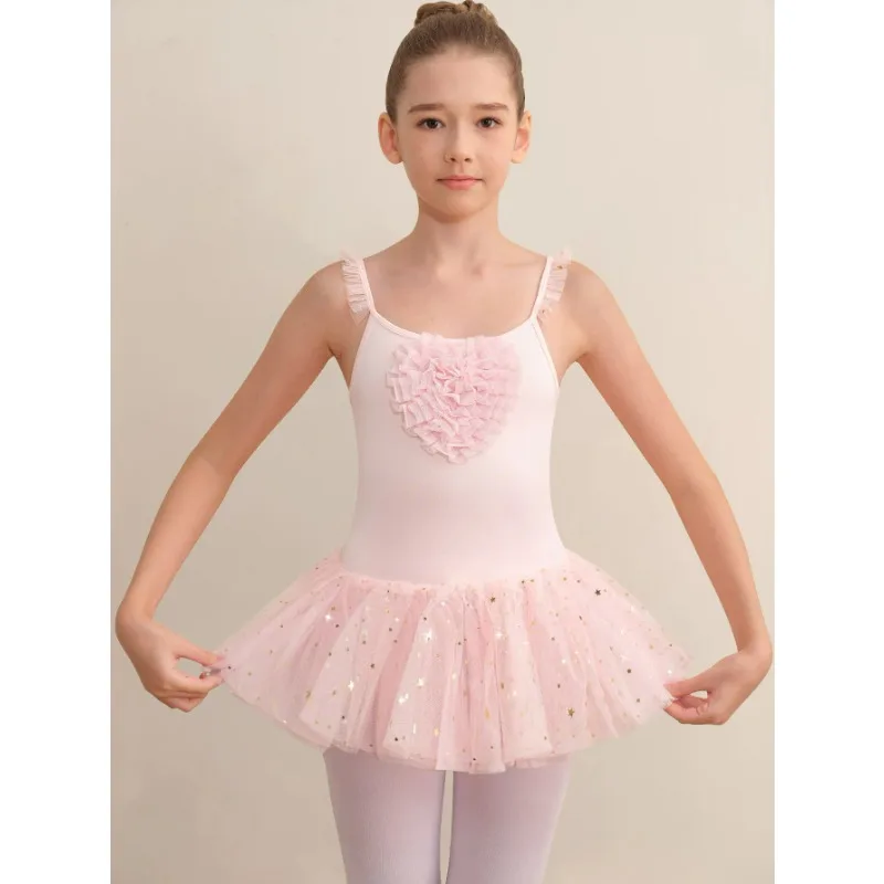Leotardos de Ballet sin mangas para niñas, vestido de baile con tutú brillante para niños, disfraz para niños, Ropa de baile con corazón de malla en el pecho, Ropa deportiva ﻿