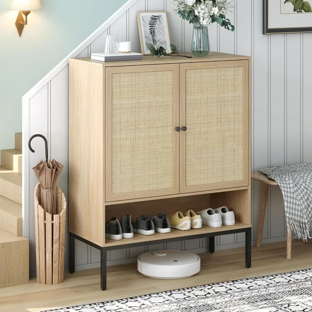 

Shoe Storage Cabinet with Adjustable Shelf, 5 Tier Shoe Organizer with Natural Woven Rattan Doors