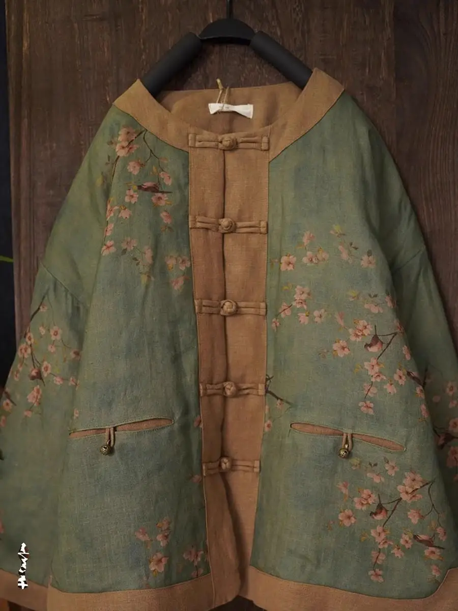 

Ретро-этническая женская куртка из хлопка и льна: теплая, премиальная, осенне-зимняя новинка, свободный крой, длинный рукав