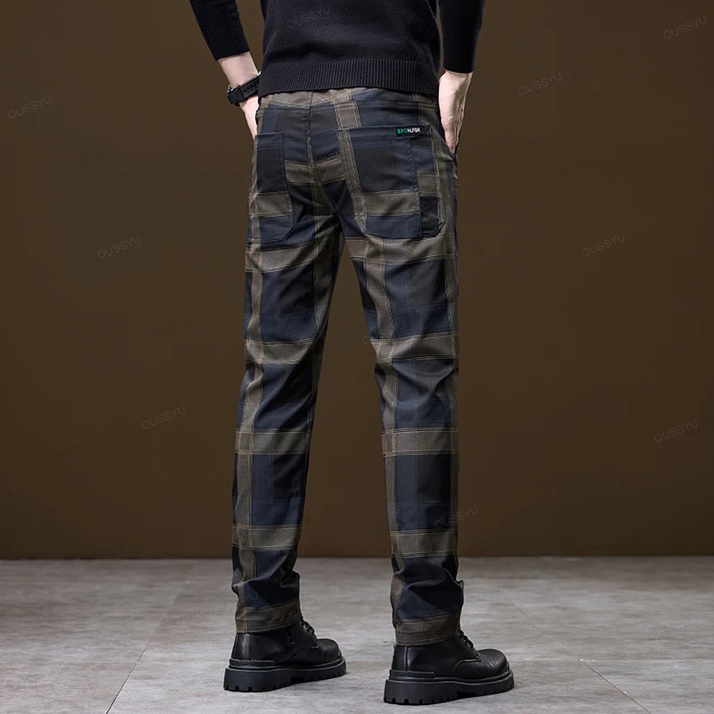 Printemps été luxe Plaid motif à carreaux pantalons décontractés hommes d'affaires taille élastique coupe ajustée coréen poche pantalons longs mâle