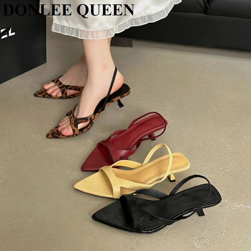 

New Pointed Toe Women Sandals Mid Heels Leopard Print Peep Toe Slides Sandals 2025 Summer Design Fashion Party Dress Pumps Shoes