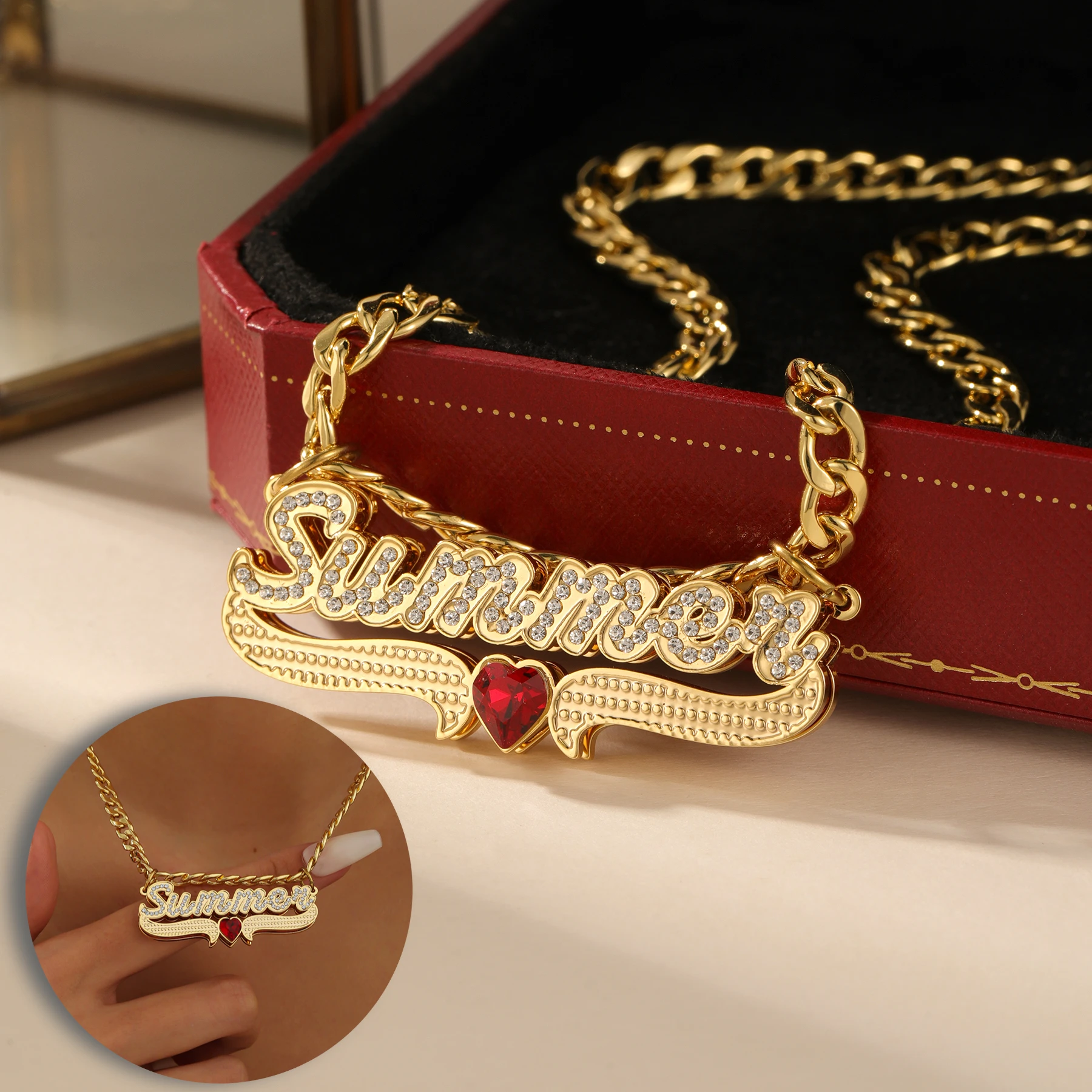 

Двухслойное ожерелье с именем, позолоченный индивидуальный кулон с цирконом и камнем, персонализированный ювелирный подарок для женщин