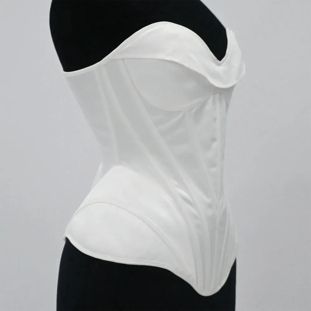Women White Satin Corset Bustier Overbust With Bra Lace Up Boned Bodice Strapless Shaping Tops Wedding Party Costume