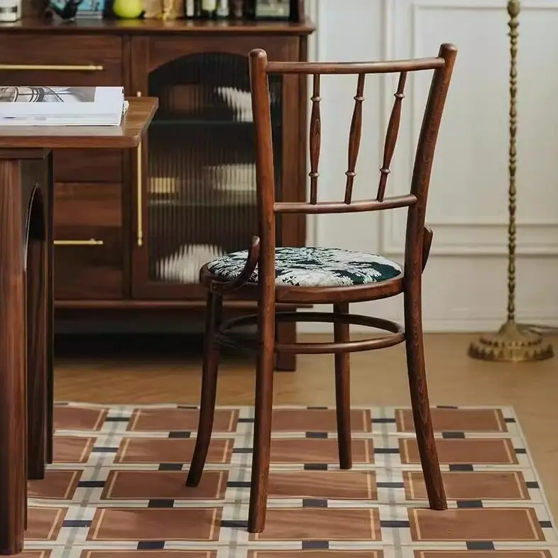 French solid wood dining chair  designer American home medieval chair light luxury printing retro back chair