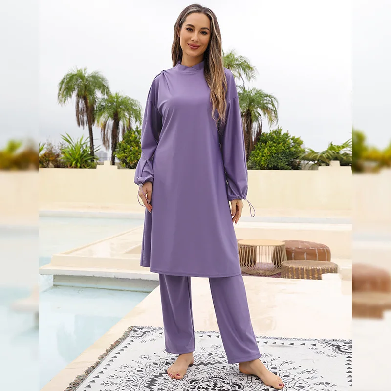 Bañador musulmán de estilo largo para mujer, traje de baño con protección solar, 3 piezas, Color morado, completamente cerrado, para buceo y surf