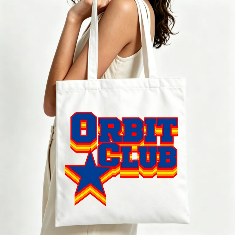 letter and star graphic canvas tote bag, retro style for daily shopping and casual outings