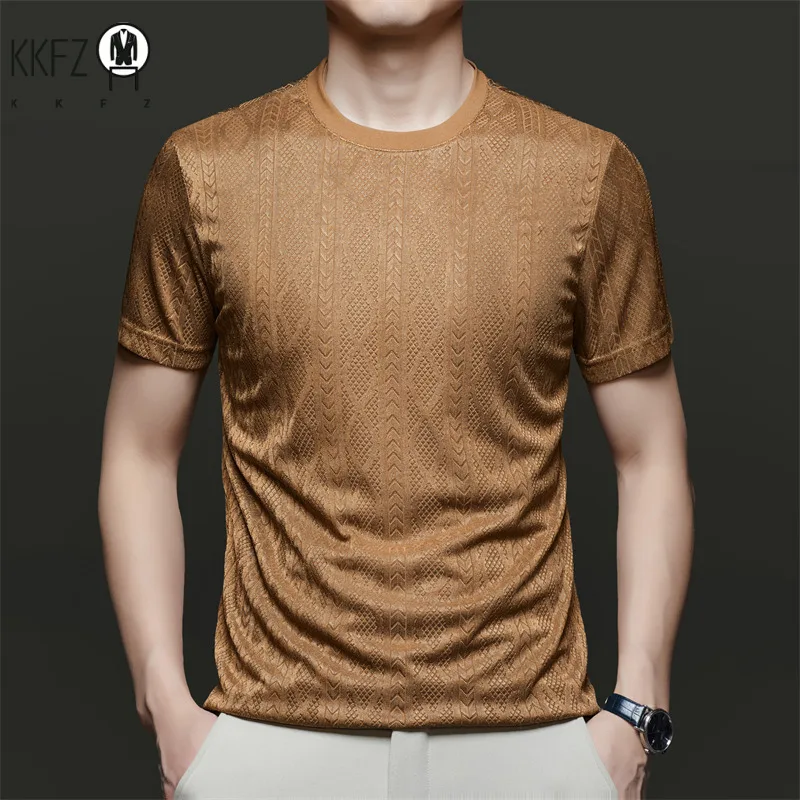 Minimalist textured t shirt male ice silk mesh jacquard pattern crew neck quick dry anti sweat daily driving gathering wear