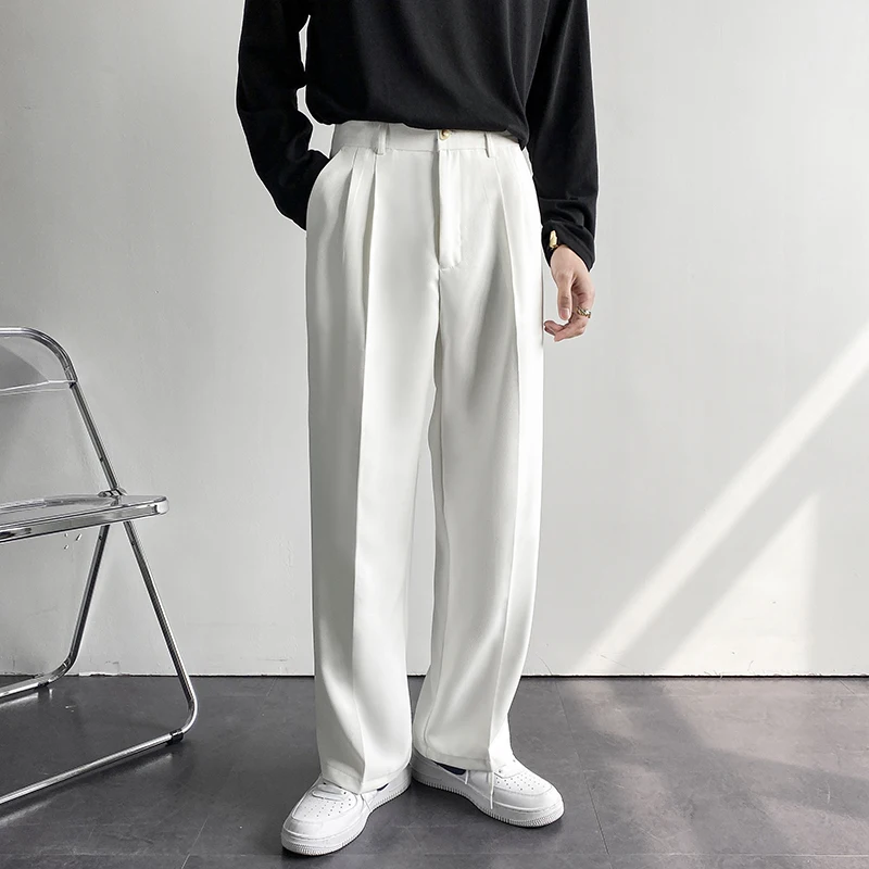 New Fashion Men\'s Oversize Suit Pants Wide Leg Long Drape Trousers Solid Straight High Waist Casual Pant Black White Khaki