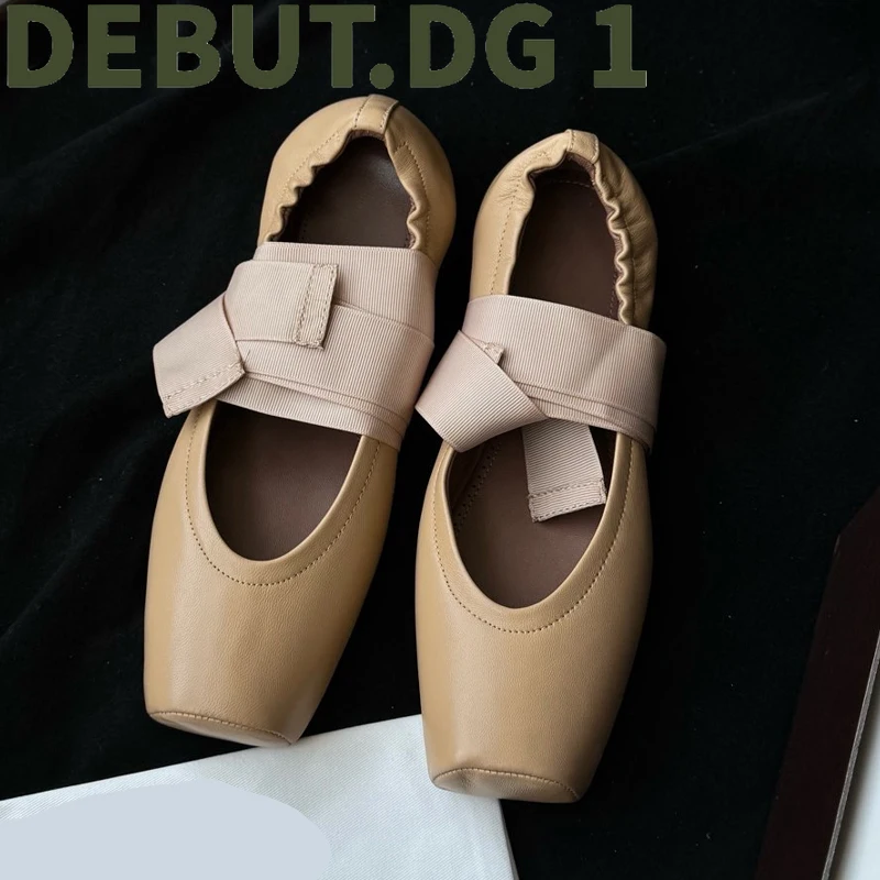 Vintage Square-Toe Ballet Flats with Lace-Up & Rivets, Hand-Set Rhinestones, Genuine Sheepskin, Italian Leather Sole