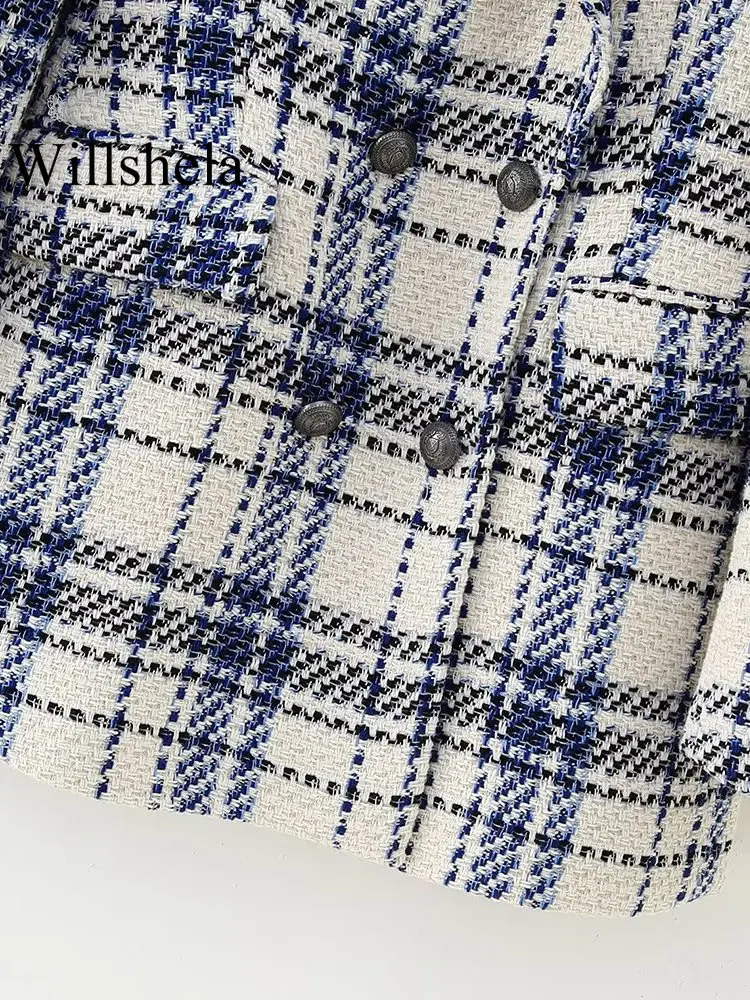 Willshela Women Fashion With Pockets Texture Plaid Double Breasted Blazer Vintage Notched Neck Long Sleeves Female Chic Outfits