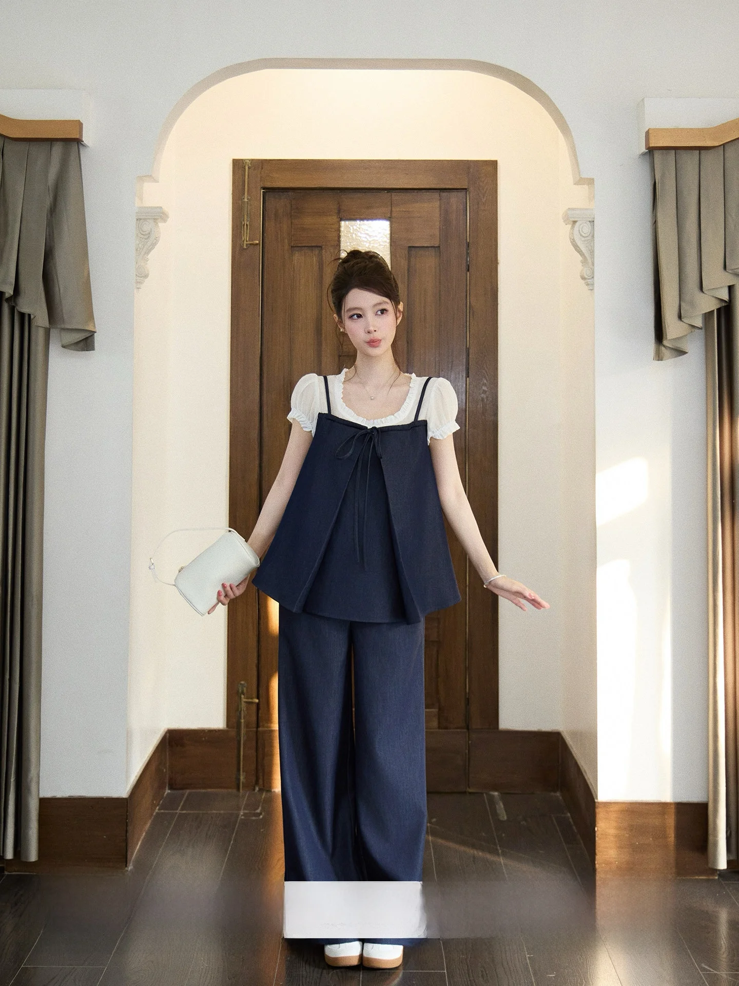 

Летний женский комплект: свободные прямые брюки и футболка с короткими рукавами-фонариками Xue Bu Ruo, универсальный наряд цвета Inky Blue