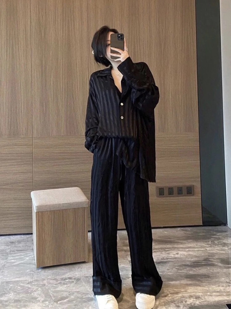 Basic Pajama Sets Women Loose Casual Smooth Turn-down Collar Simple Vintage Striped Korean Chic BF Sleepwear Elegant Ladies Home