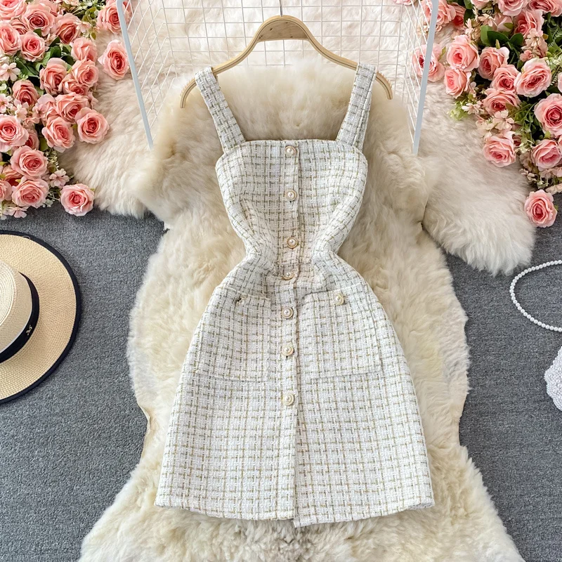 Women Two Piece Set 2024 Korean Fashion Bowtied Collar White Blouse and Spaghetti Strap Single Breasted Mini Tweed Dress Suits