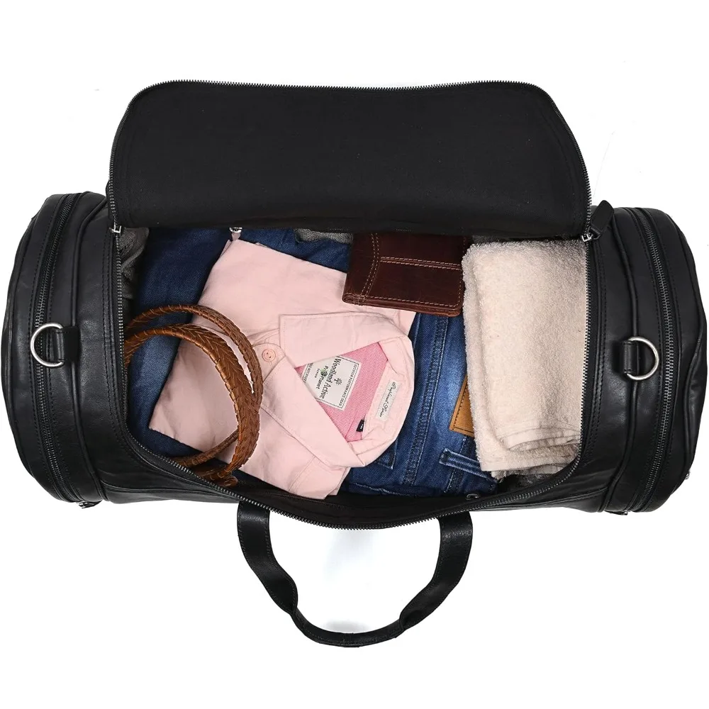 حقيبة كبيرة للسفر من الجلد المحبب بالكامل مقاس 22 بوصة مع أشرطة قابلة للتعديل ومقصورات متعددة وجيوب جانبية بسحاب لـ W